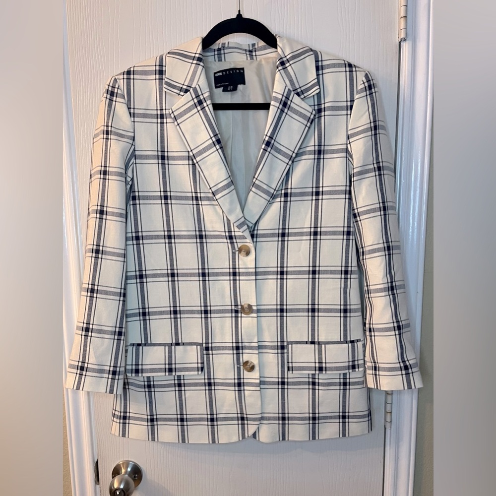 🛍️ASOS Design Cream and Blue Plaid Blazer Professional Style -Size 10